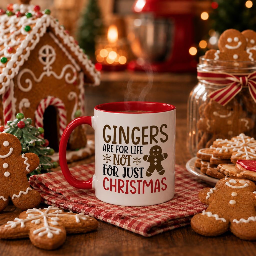 Red and white mug with 'Gingers Are For Life Not Just For Christmas' and gingerbread design