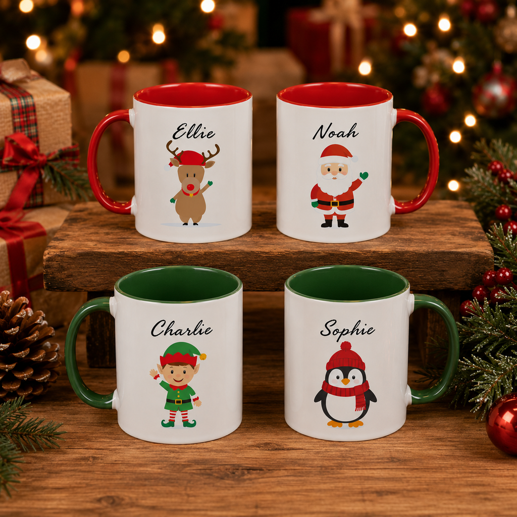 Personalised Christmas penguin mug ready for a warming hot chocolate