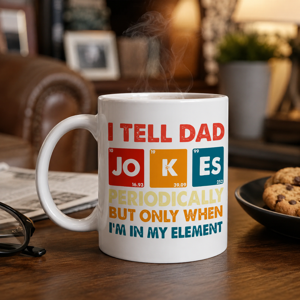 White mug with periodic-table dad joke 'I Tell Dad Jokes Periodically' design