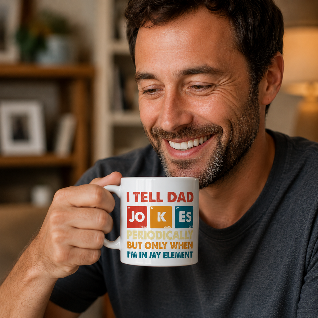 Funny periodic table dad jokes mug for Father's Day, white ceramic