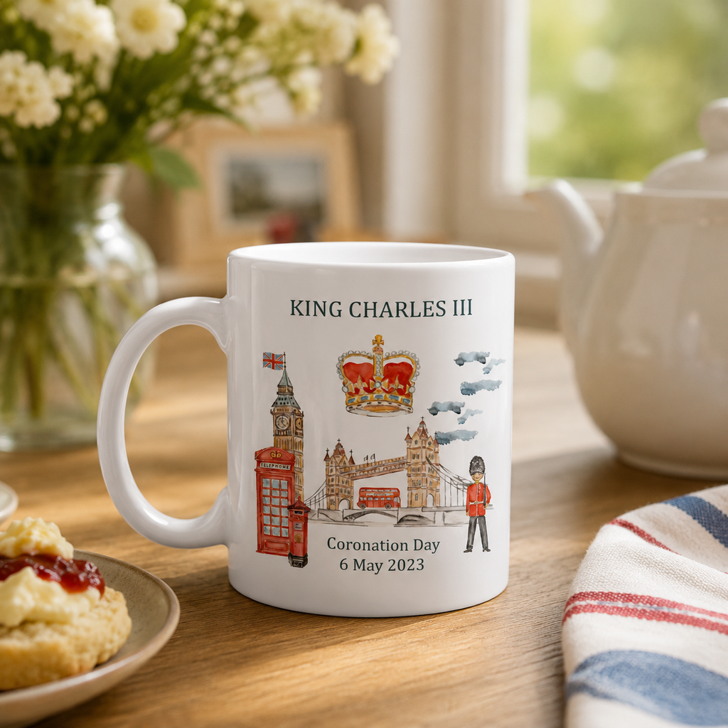 White mug with watercolour London scene and crown for the Coronation