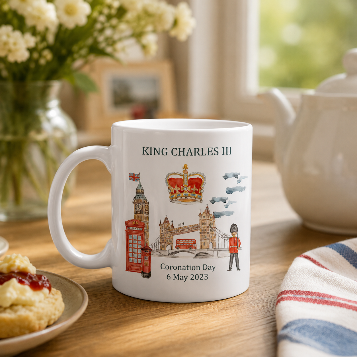 White mug with watercolour London scene and crown for the Coronation