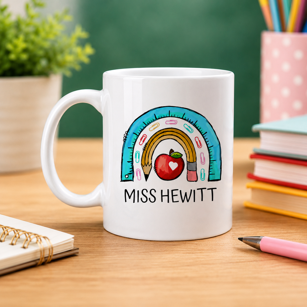 Personalised thank you teacher mug with rainbow stationery design on a desk
