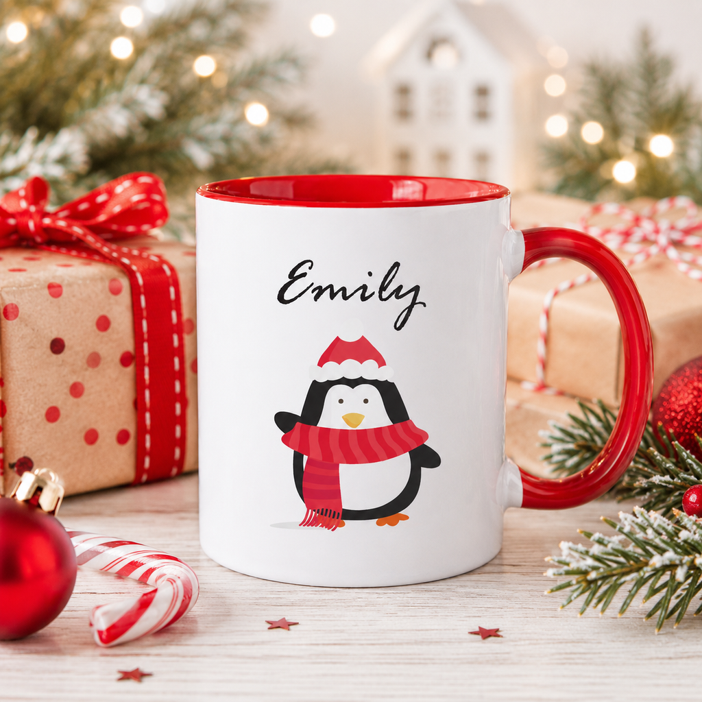 Red and white personalised Christmas character mug with a festive penguin design