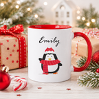 Red and white personalised Christmas character mug with a festive penguin design