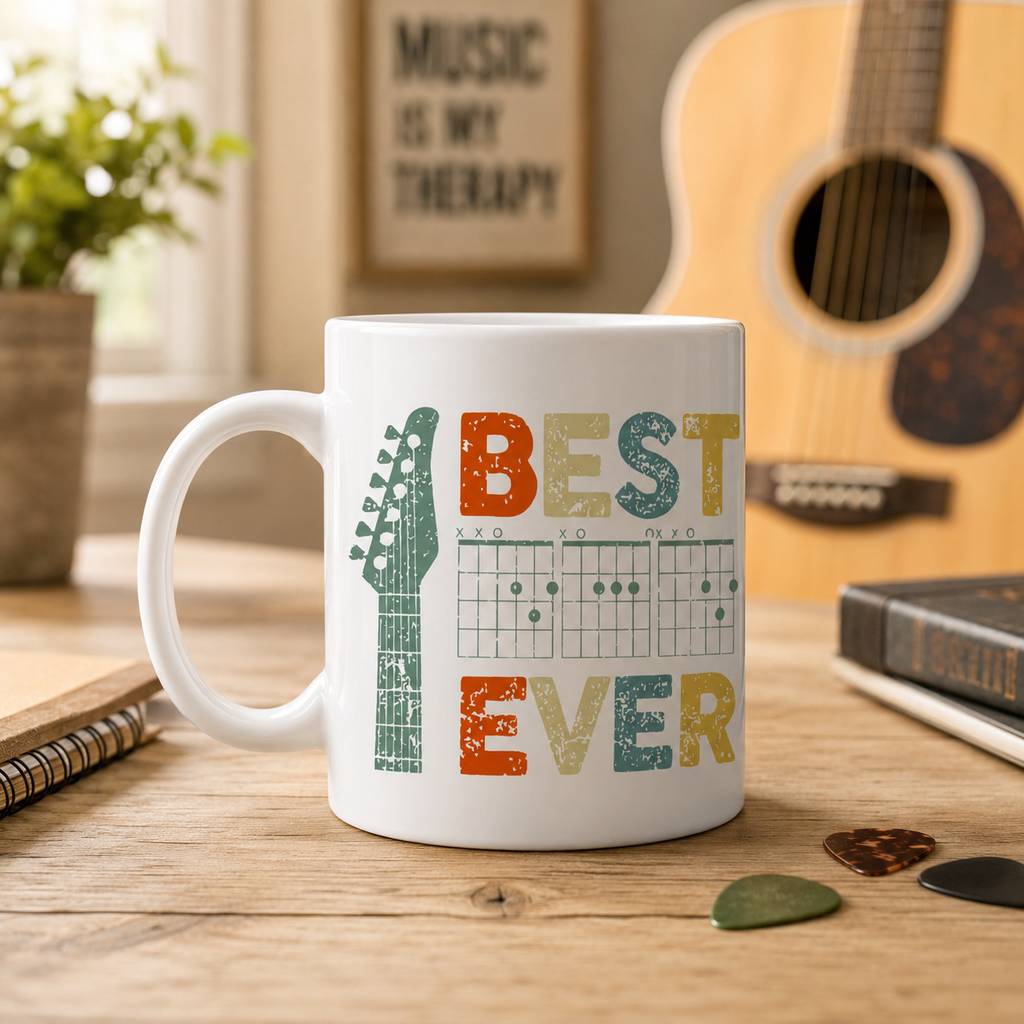 White mug with 'Best Dad Ever' guitar chord diagram and headstock design