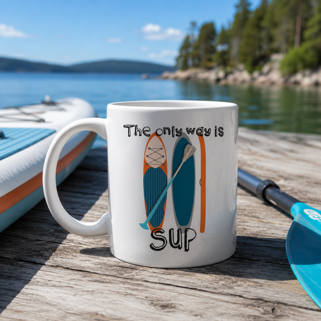 White mug reading 'The only way is SUP' with two paddleboards and a paddle, by a lake