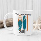 White paddleboard mug with 'The only way is SUP' lakeside design