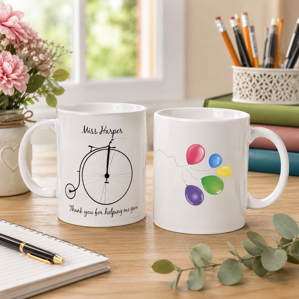 Personalised thank you teacher mug with colourful balloons and a name