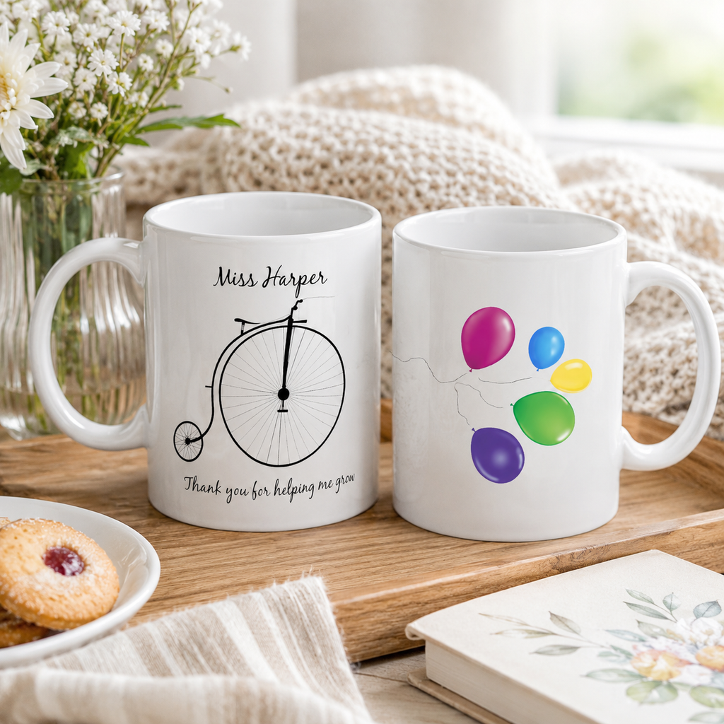 Personalised teacher mug with penny farthing, 'Miss Harper' and 'Thank you for helping me grow'