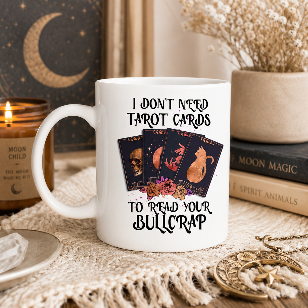 Funny tarot mug with cards and roses slogan, styled with candles and crystals