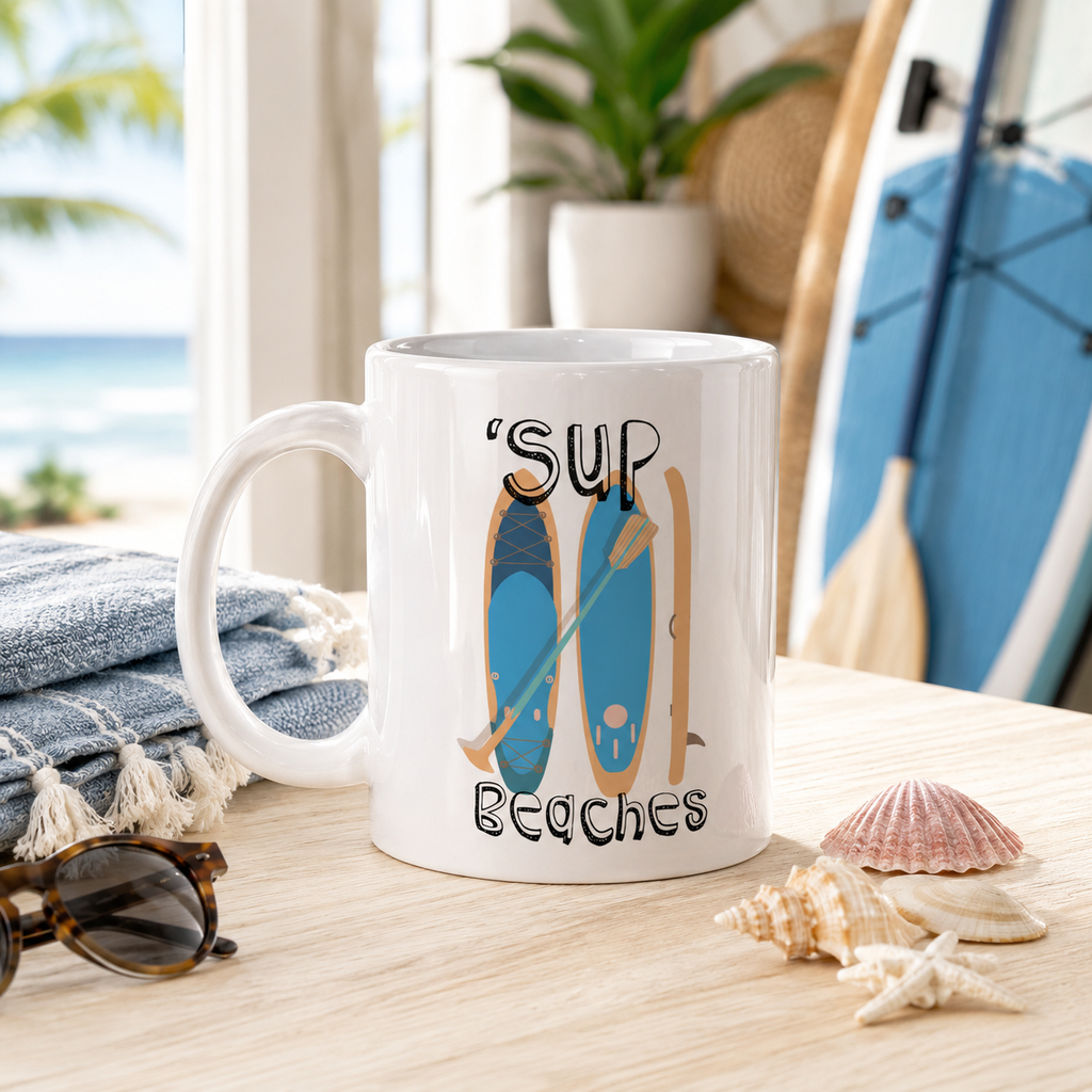 'Sup Beaches' paddleboard mug, a fun gift for paddleboarders