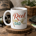 White mug with retro 'Reel Cool Dad' fishing rod and fish design, beside a fishing cap