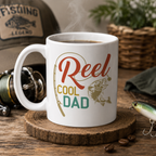 White mug with retro 'Reel Cool Dad' fishing rod and fish design, beside a fishing cap