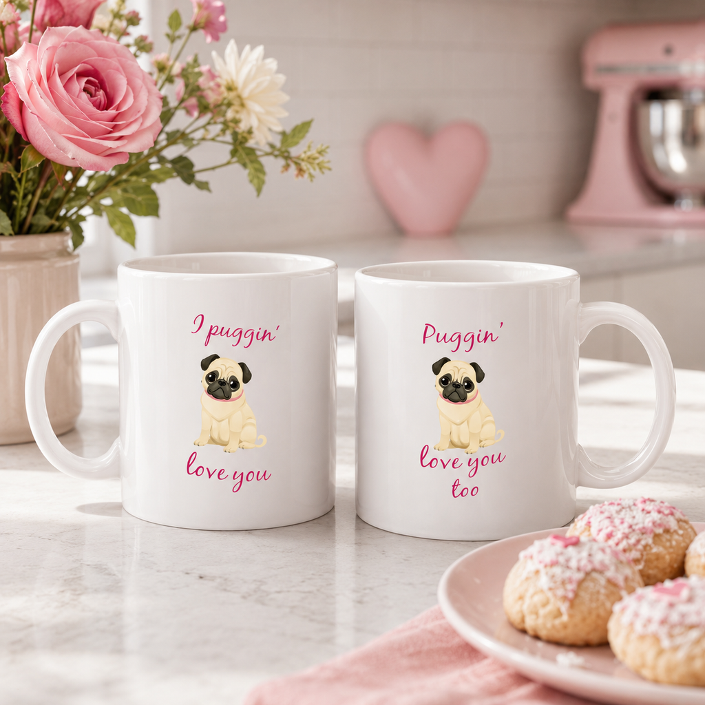 'Puggin' Love You' couples mug set with a sweet pug design