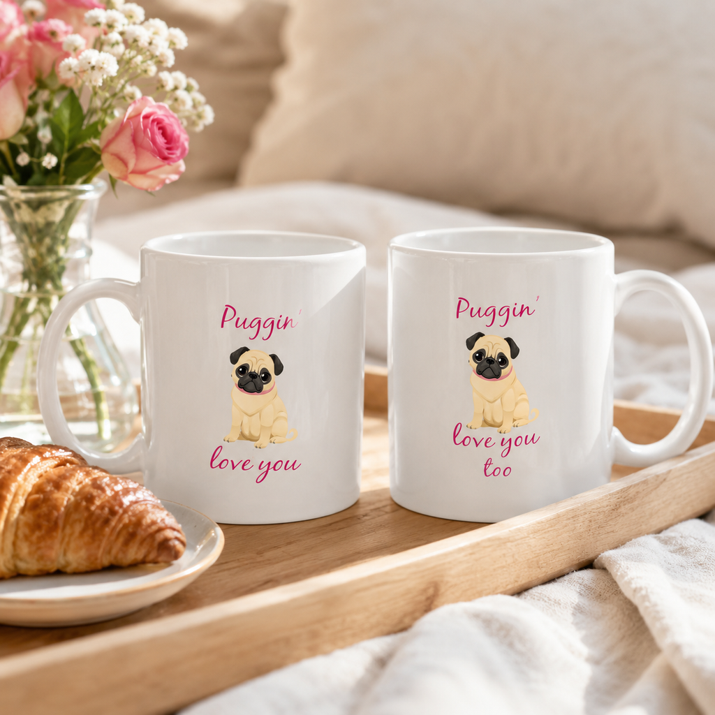 'Puggin' Love You' couples mug set styled on a wooden tray
