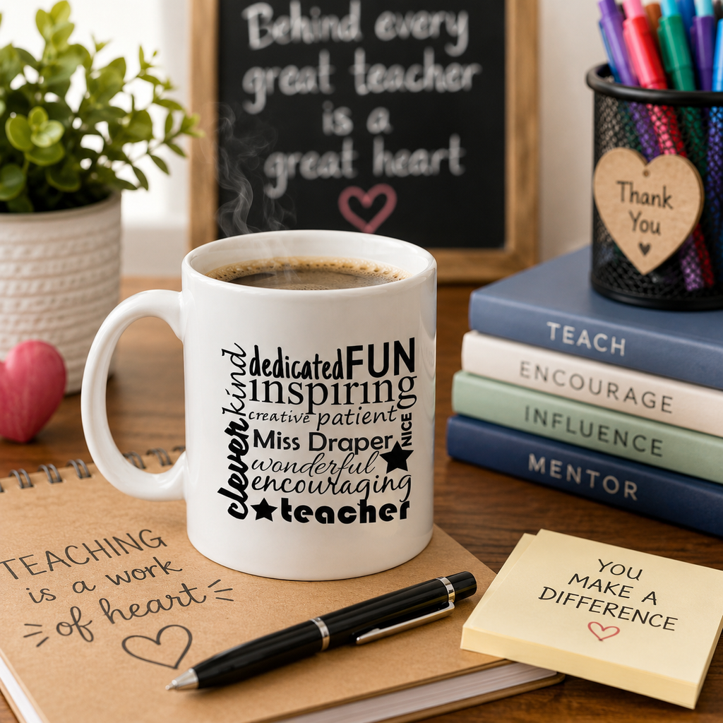 White teacher mug with 'Behind every great teacher is a great heart' word art and a name