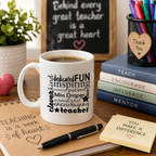 White teacher mug with 'Behind every great teacher is a great heart' word art and a name