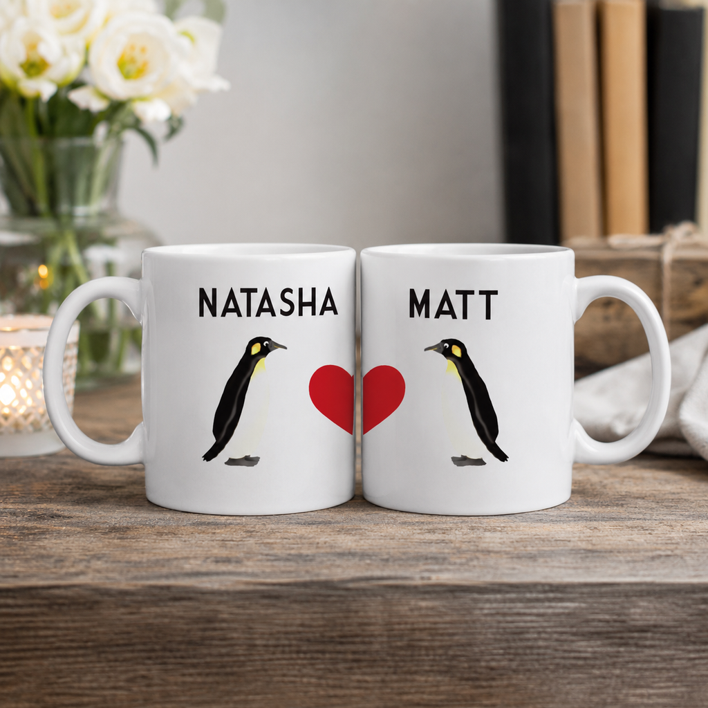 Personalised penguin couples mug set with two names, shown together