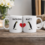 Personalised penguin couples mug set with two names, shown together