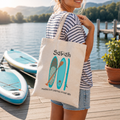 Personalised cotton tote bag with 'Sarah' and 'paddles for balance in her life' paddleboard design