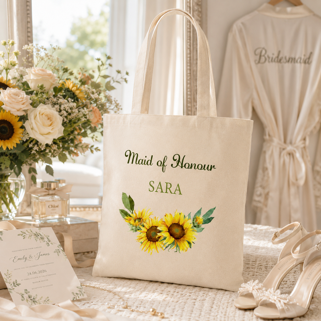 Personalised tote bag printed 'Maid of Honour Sara' with a sunflower design, natural canvas