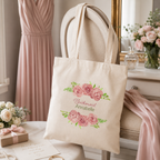 Personalised tote bag printed 'Bridesmaid Suzy' with a pink floral design, natural canvas