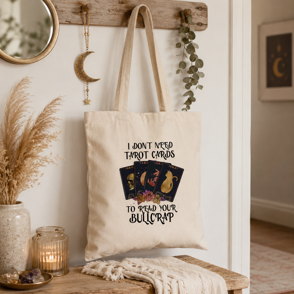 Funny tarot reader tote bag with cards and roses print