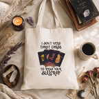 Funny tarot tote bag with cards and roses slogan, styled with candles and crystals