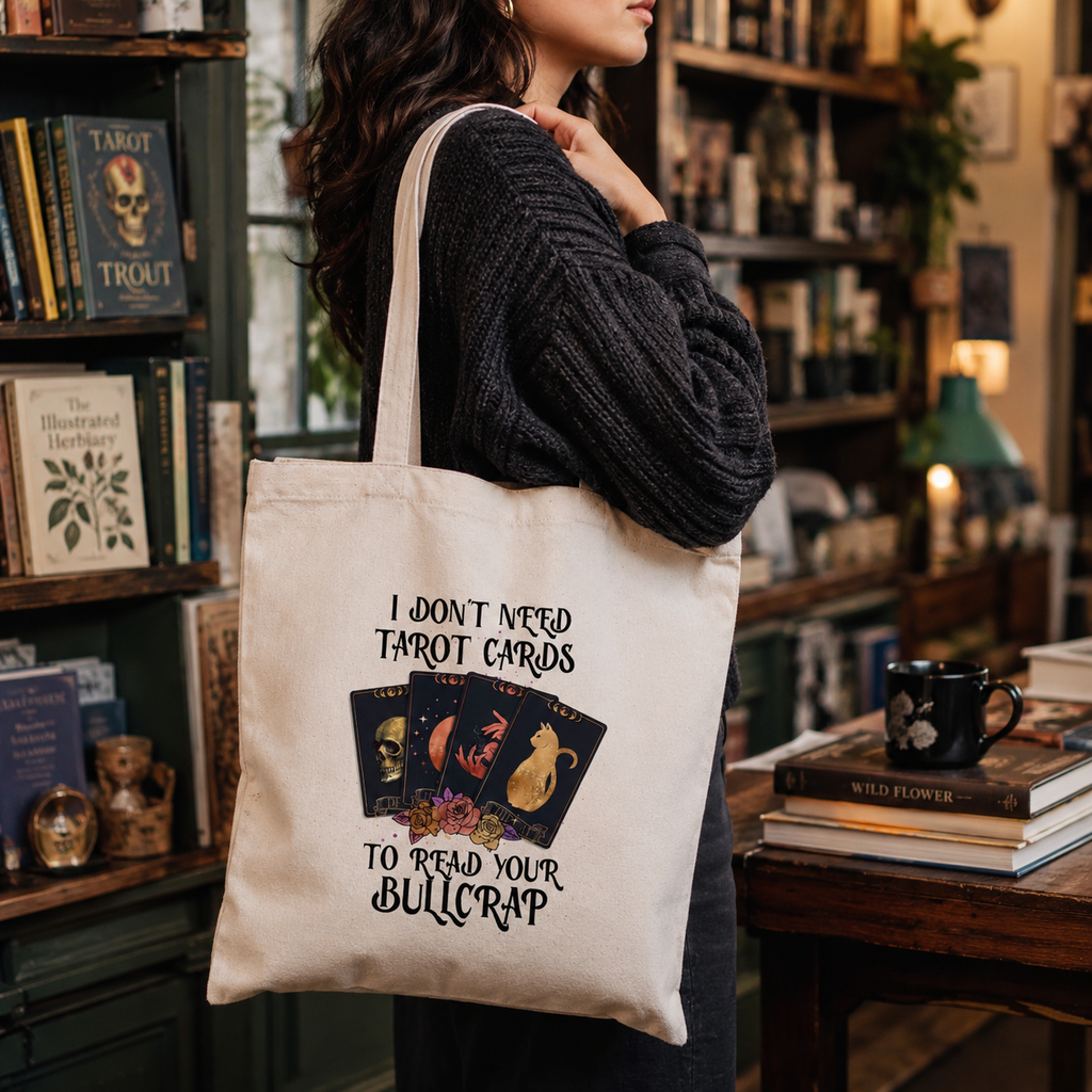 Cotton tarot tote bag with cards and rose slogan design