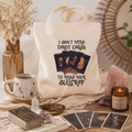 Natural tote bag reading 'I don't need tarot cards to read your bullcrap' with cards and rose design