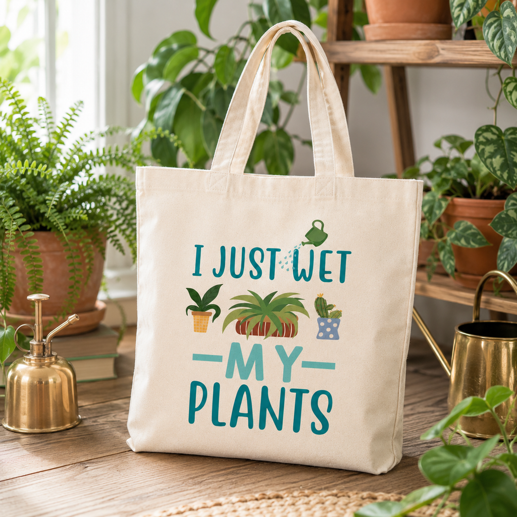 Natural cotton tote bag with 'I Just Wet My Plants' slogan and potted plant design, on a plant shelf
