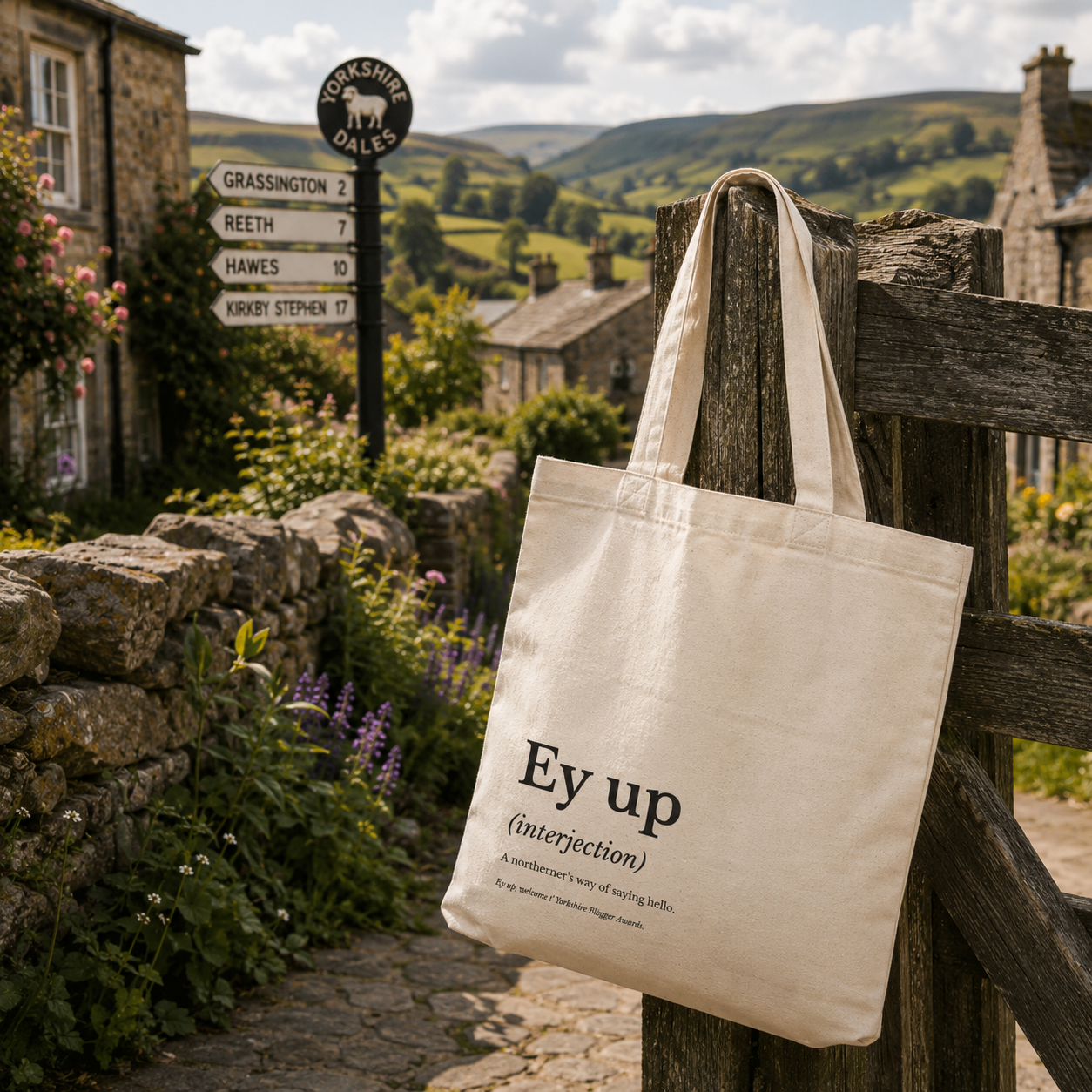 Cotton tote bag printed with an 'Ey up' dictionary definition, on a country gate in the Dales