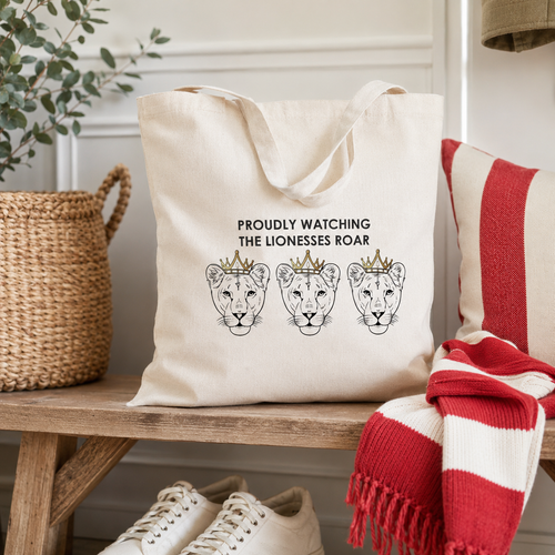 Cotton football tote bag with three crowned lioness faces