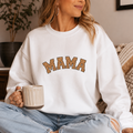 White sweatshirt with 'Mama' in leopard print college lettering