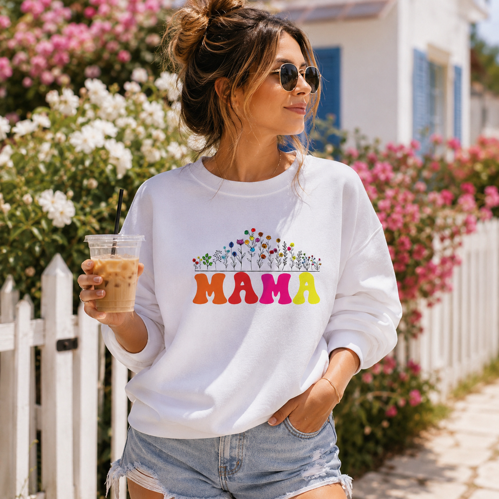 Flower 'Mama' design on a soft white sweatshirt for Mum