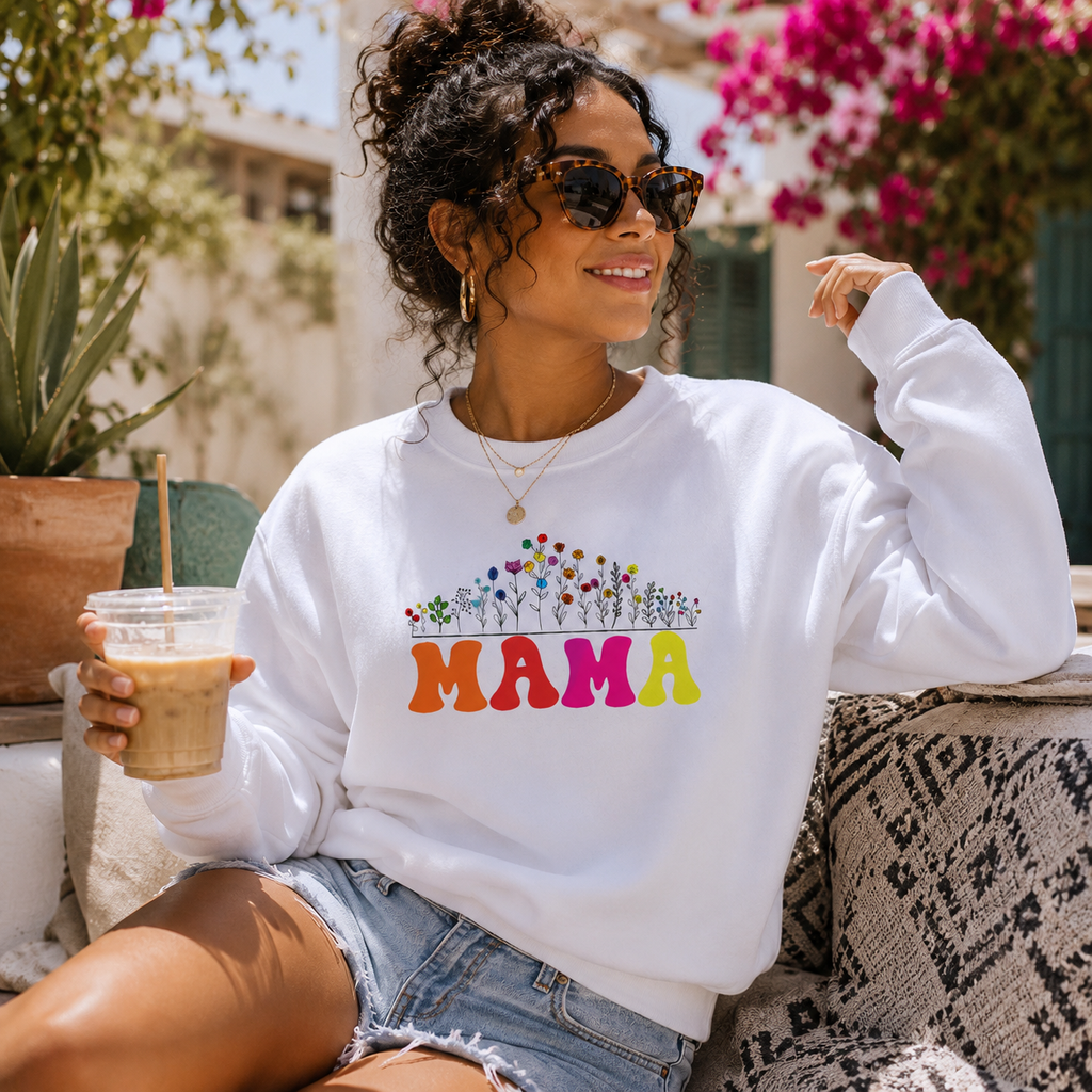 White sweatshirt with bright wildflower print and 'Mama' lettering