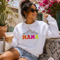 White sweatshirt with bright wildflower print and 'Mama' lettering