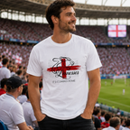 White England football t-shirt with lioness flag design worn at a stadium