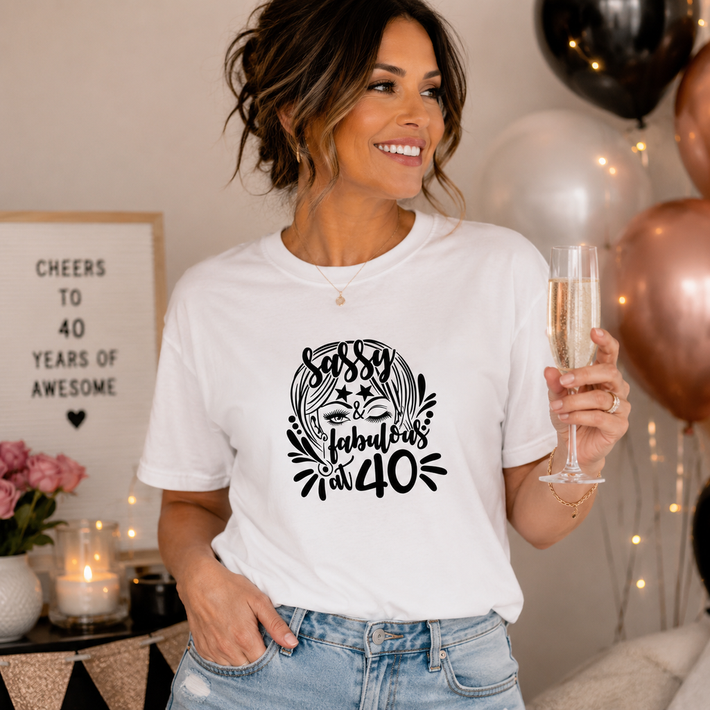 White 40th birthday women's t-shirt with 'Sassy & fabulous at 40' design