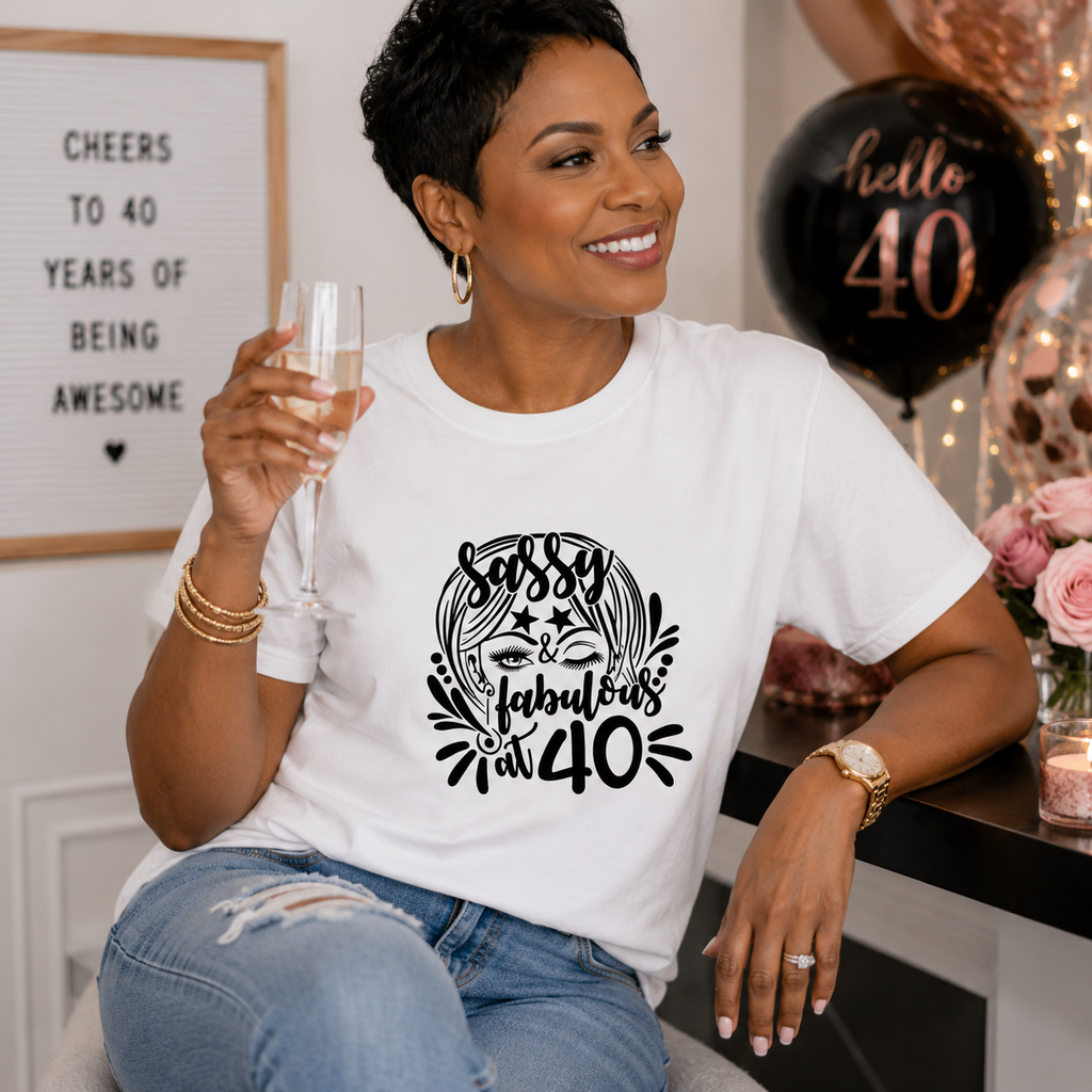 Woman wearing a white 40th birthday t-shirt reading 'Sassy & fabulous at 40'