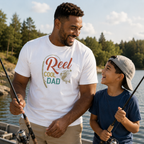 'Reel Cool Dad' fishing t-shirt for Father's Day, white cotton