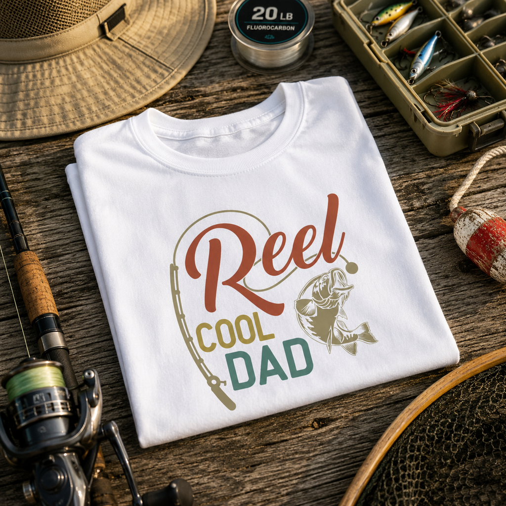 White folded t-shirt with retro 'Reel Cool Dad' fishing rod and fish design