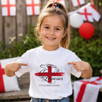 Child wearing a white England football t-shirt with lioness and red cross flag design