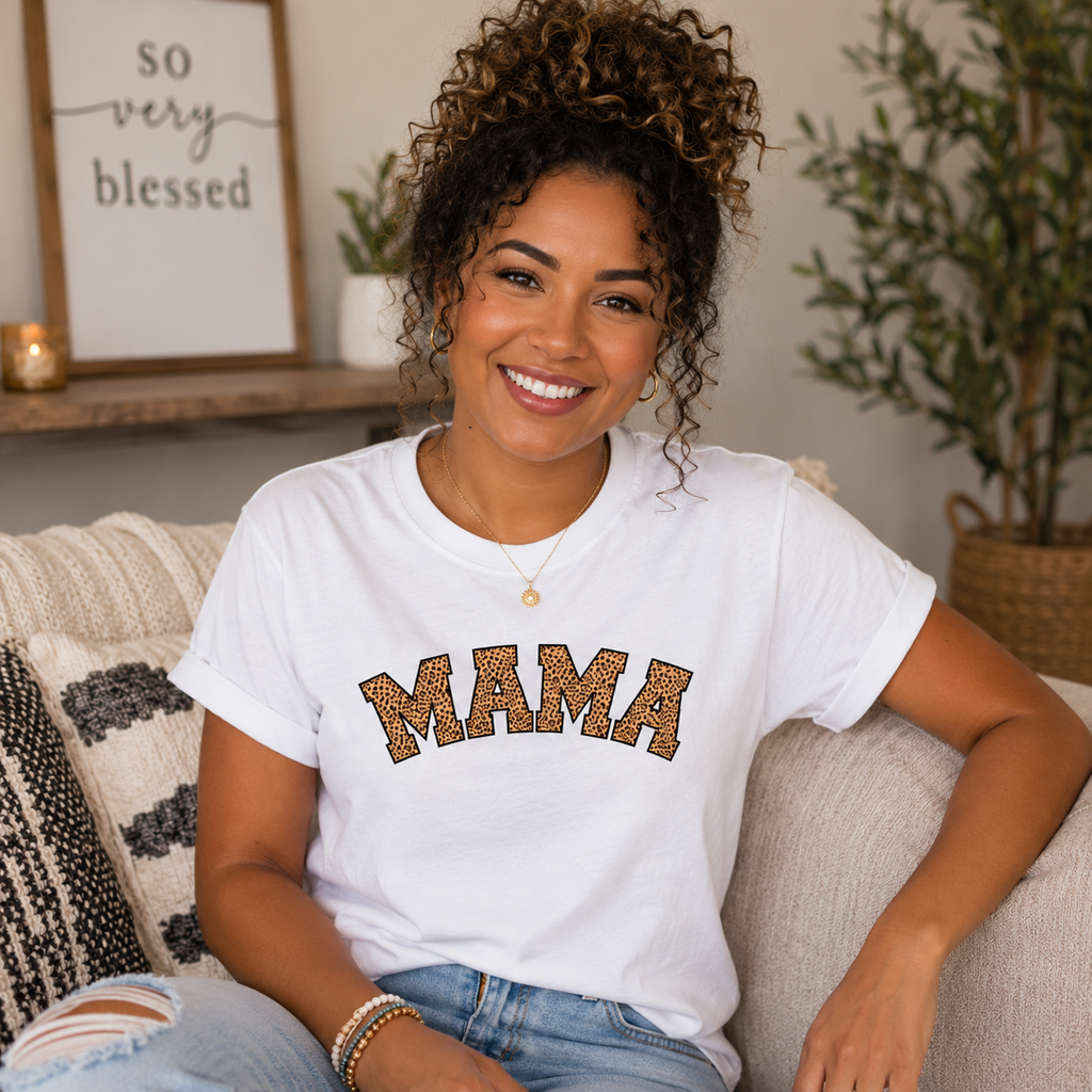 White t-shirt with 'Mama' in leopard print college lettering