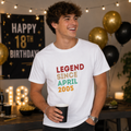 White t-shirt with retro 'Legend Since April 2005' 18th birthday design