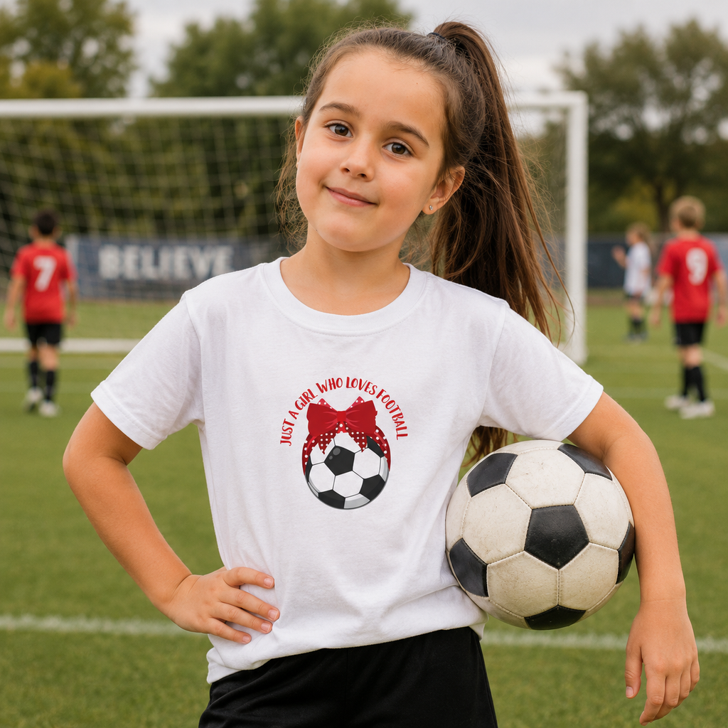 Kids 'Just a girl who likes football' t-shirt with football graphic