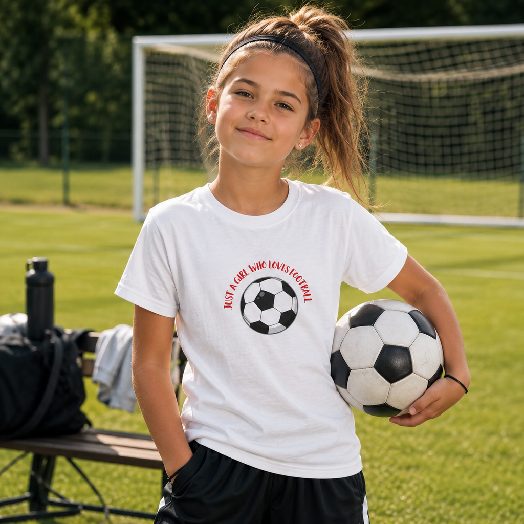 Child wearing a white t-shirt reading 'Just a girl who loves football' with a football design