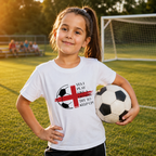 Child wearing a white football t-shirt reading 'Yes I play like a lioness, try to keep up' with flag and ball design