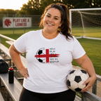 Woman wearing a white football t-shirt reading 'Yes I play like a lioness, try to keep up' with flag and ball design